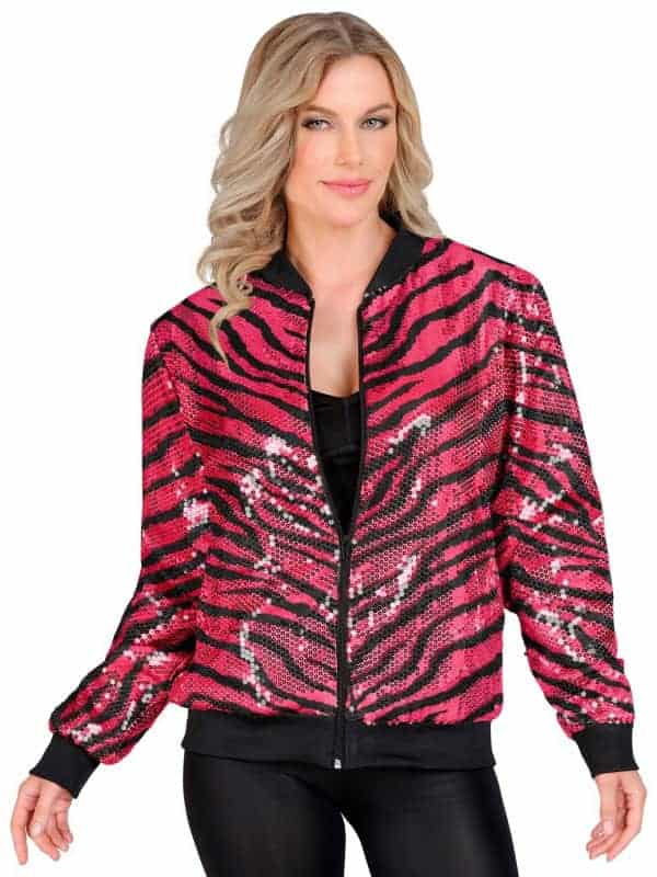 Veste Bomber à Paillettes Rose Animalier, Effet Zébré - Unisexe - Disco, Nouvel An