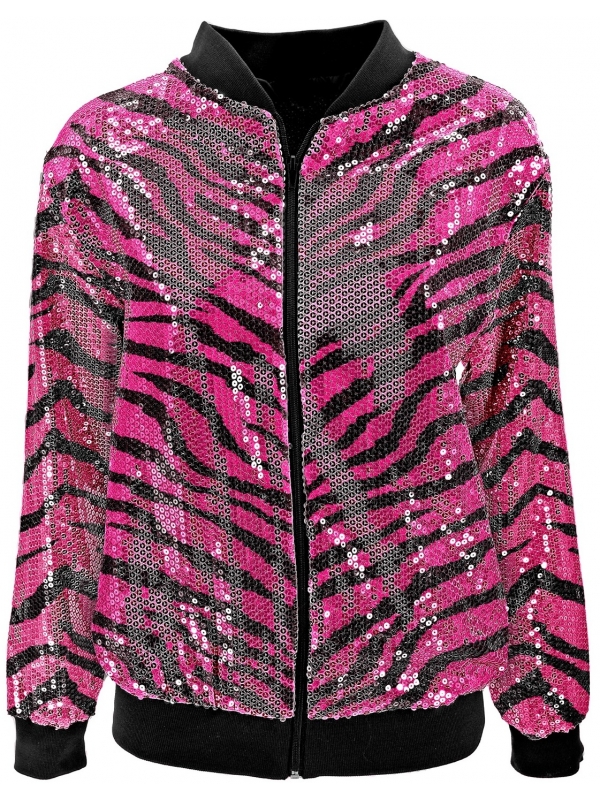 Veste Bomber à Paillettes Rose Animalier, Effet Zébré - Unisexe - Disco, Nouvel An