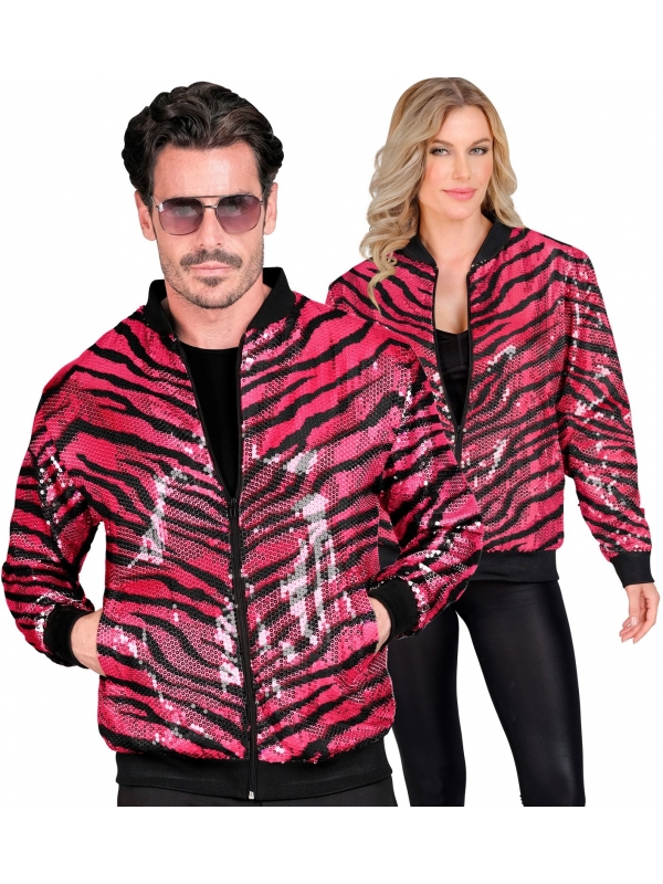 Veste Bomber à Paillettes Rose Animalier, Effet Zébré - Unisexe - Disco, Nouvel An
