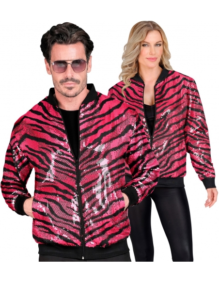 Veste Bomber à Paillettes Rose Animalier, Effet Zébré - Unisexe - Disco, Nouvel An