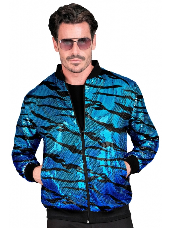 Veste Bomber à Paillettes, Effet Vagues Bleues, Adultes - Nouvel An, Disco