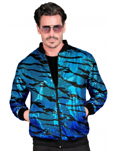Veste Bomber à Paillettes, Effet Vagues Bleues, Adultes - Nouvel An, Disco