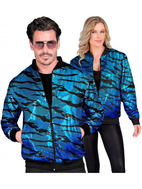 Veste Bomber à Paillettes, Effet Vagues Bleues, Adultes - Nouvel An, Disco