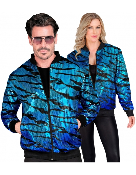 Veste Bomber à Paillettes, Effet Vagues Bleues, Adultes - Nouvel An, Disco