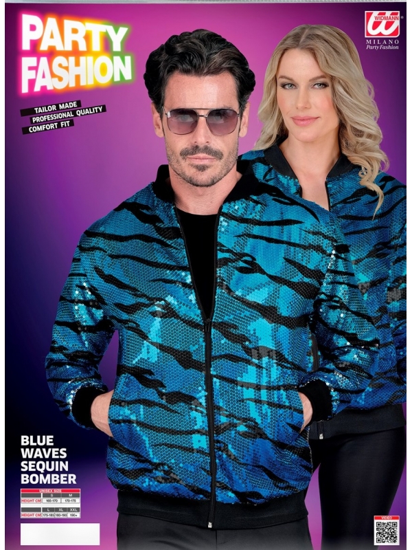 Veste Bomber à Paillettes, Effet Vagues Bleues, Adultes - Nouvel An, Disco