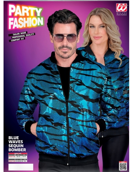 Veste Bomber à Paillettes, Effet Vagues Bleues, Adultes - Nouvel An, Disco