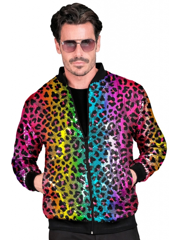 Veste Bomber à Paillettes Animalier Léopard Arc-en-ciel, Adultes - Disco, Nouvel An
