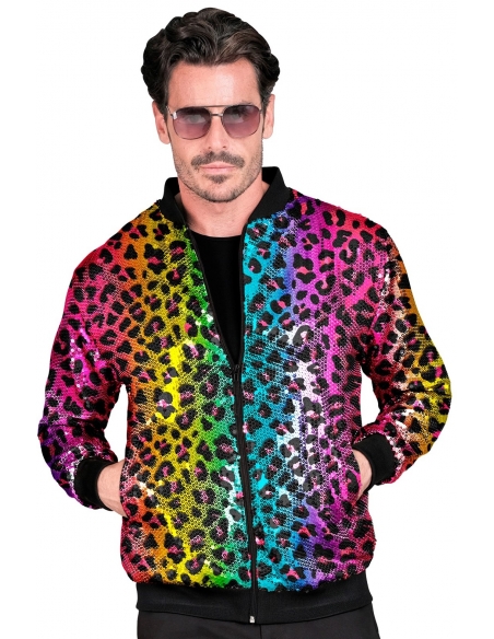 Veste Bomber à Paillettes Animalier Léopard Arc-en-ciel, Adultes - Disco, Nouvel An