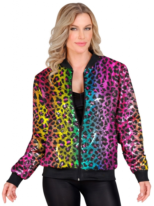 Veste Bomber à Paillettes Animalier Léopard Arc-en-ciel, Adultes - Disco, Nouvel An