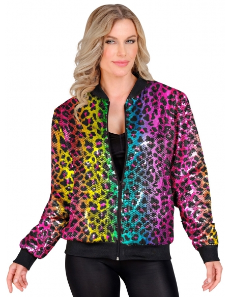 Veste Bomber à Paillettes Animalier Léopard Arc-en-ciel, Adultes - Disco, Nouvel An