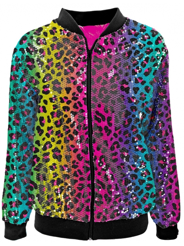 Veste Bomber à Paillettes Animalier Léopard Arc-en-ciel, Adultes - Disco, Nouvel An