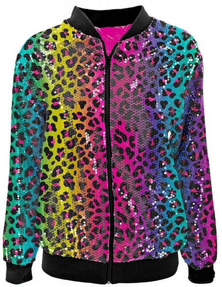 Veste Bomber à Paillettes Animalier Léopard Arc-en-ciel, Adultes - Disco, Nouvel An