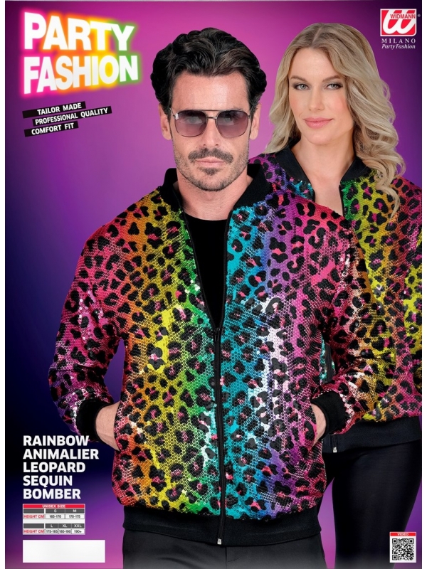 Veste Bomber à Paillettes Animalier Léopard Arc-en-ciel, Adultes - Disco, Nouvel An
