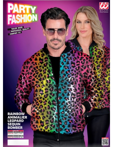 Veste Bomber à Paillettes Animalier Léopard Arc-en-ciel, Adultes - Disco, Nouvel An