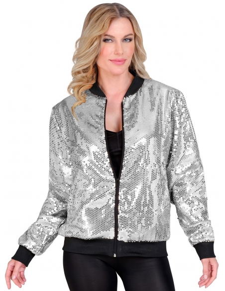 Veste Bomber à Paillettes Argent Adultes - Nouvel An, Disco