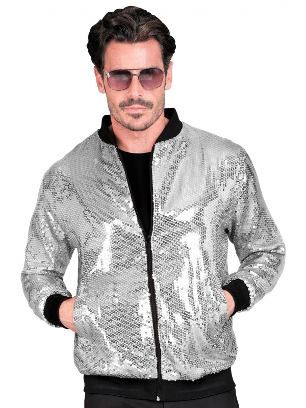 Veste Bomber à Paillettes Argent Adultes - Nouvel An, Disco