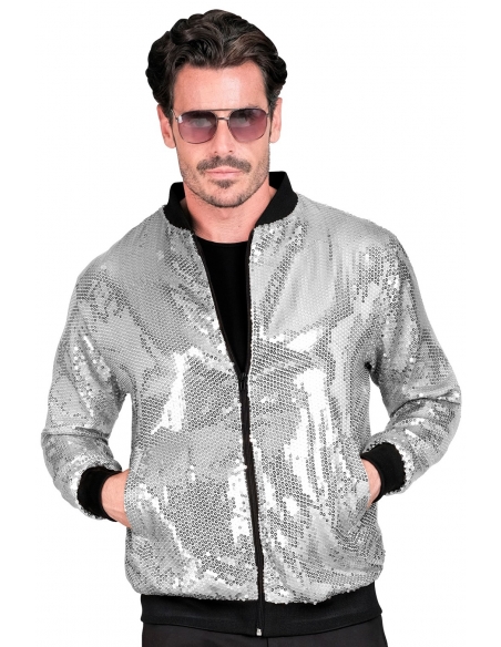Veste Bomber à Paillettes Argent Adultes - Nouvel An, Disco