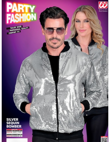 Veste Bomber à Paillettes Argent Adultes - Nouvel An, Disco