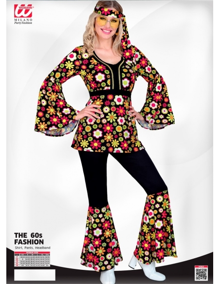 Ensemble Années 60 Femmes Hippie Noir à Fleurs Multicolores