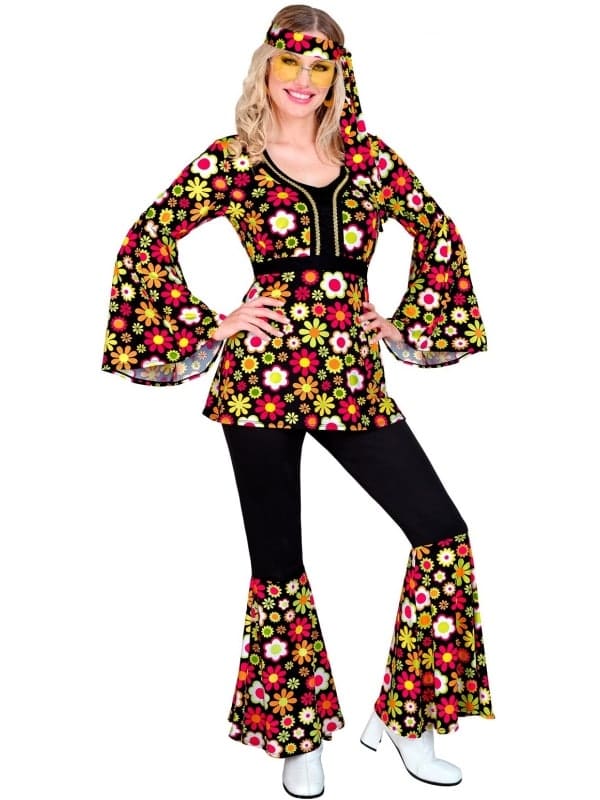 Ensemble Années 60 Femmes Hippie Noir à Fleurs Multicolores