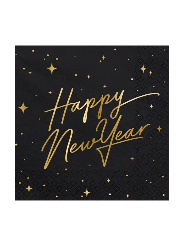 Serviettes de table Happy New Year, noir, 33x33cm (1 pqt. / 20 pc.)