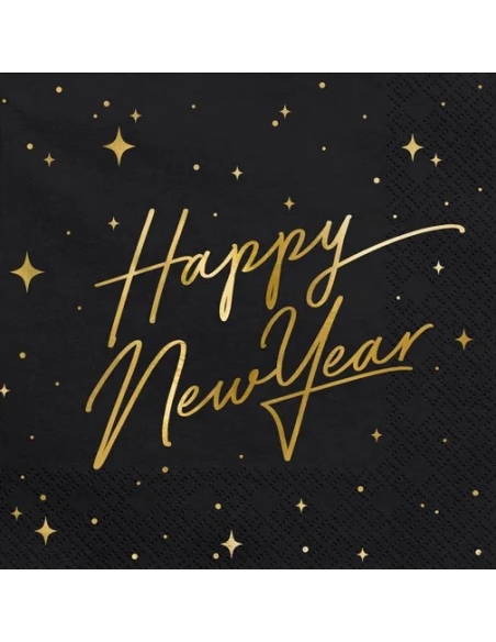 Serviettes de table Happy New Year, noir, 33x33cm (1 pqt. / 20 pc.)