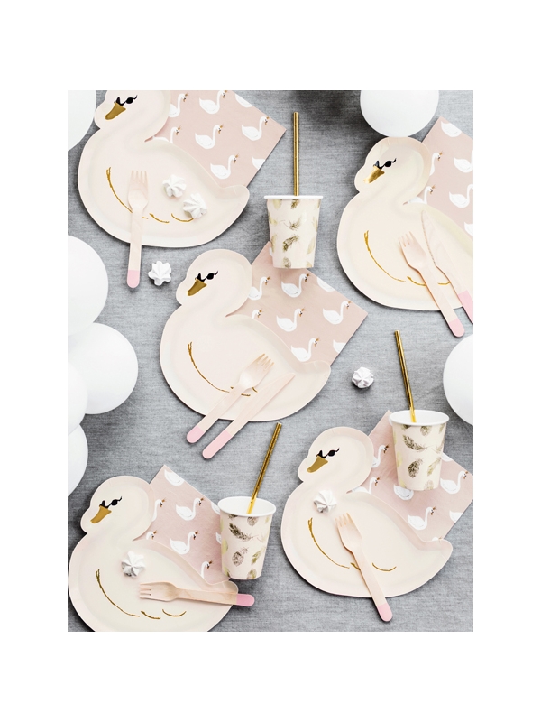Gobelets Lovely Swan 260 ml | Papier Rose Pâle avec Plumes Dorées (6 pc.)