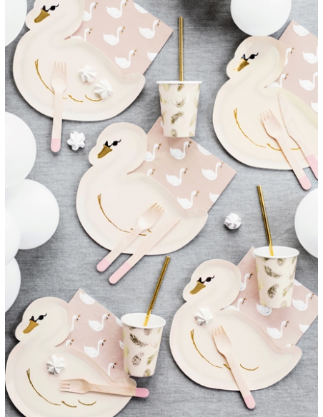 Gobelets Lovely Swan 260 ml | Papier Rose Pâle avec Plumes Dorées (6 pc.)