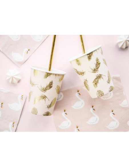 Gobelets Lovely Swan 260 ml | Papier Rose Pâle avec Plumes Dorées (6 pc.)