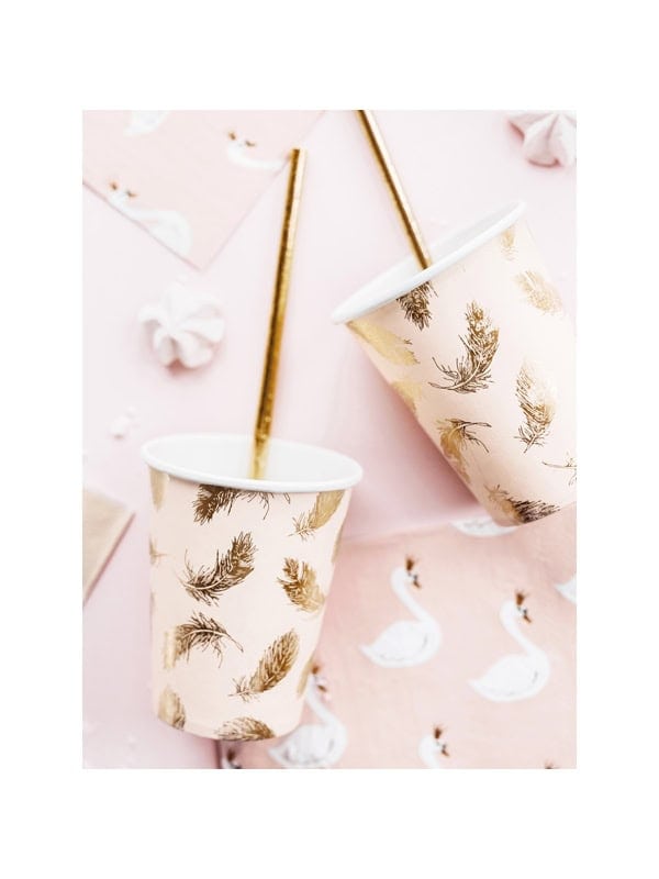 Gobelets Lovely Swan 260 ml | Papier Rose Pâle avec Plumes Dorées (6 pc.)