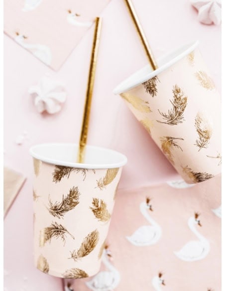 Gobelets Lovely Swan 260 ml | Papier Rose Pâle avec Plumes Dorées (6 pc.)