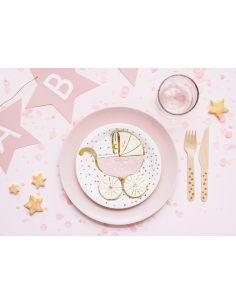 Serviettes de Table Poussette Rose avec Bordures Dorées pour Bébé Fille 2