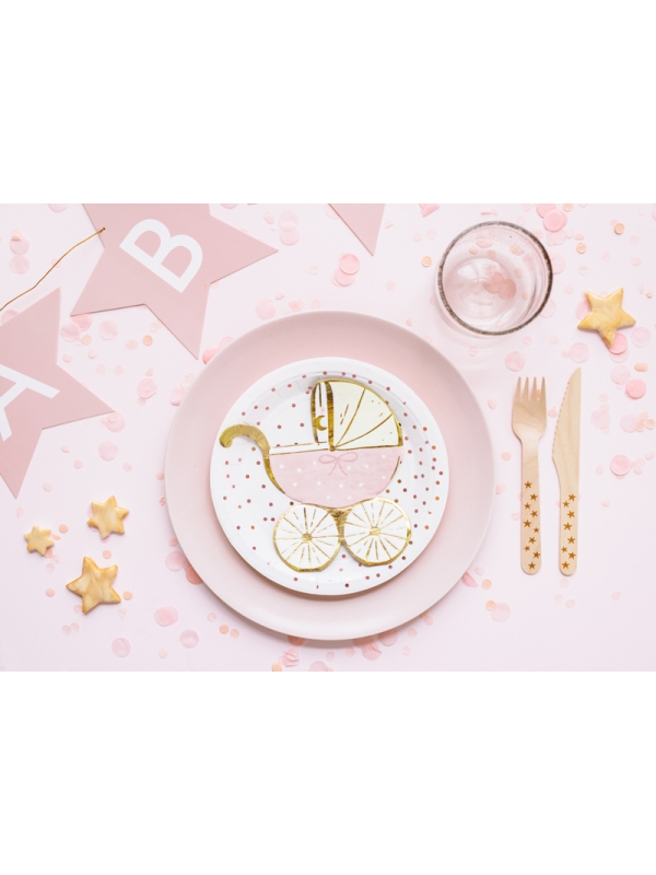 Serviettes de Table Poussette Rose avec Bordures Dorées pour Bébé Fille