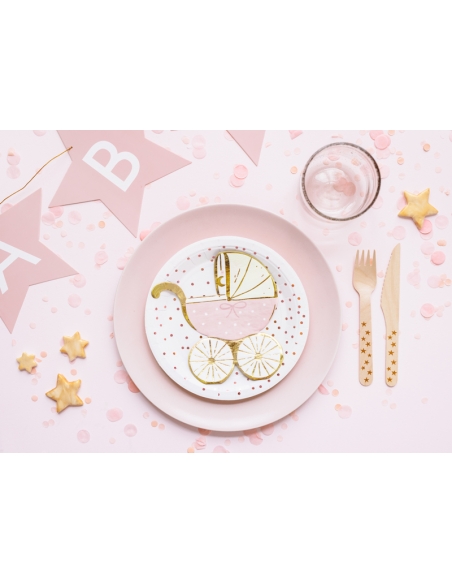 Serviettes de Table Poussette Rose avec Bordures Dorées pour Bébé Fille
