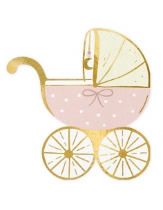 Serviettes de Table Poussette Rose avec Bordures Dorées pour Bébé Fille