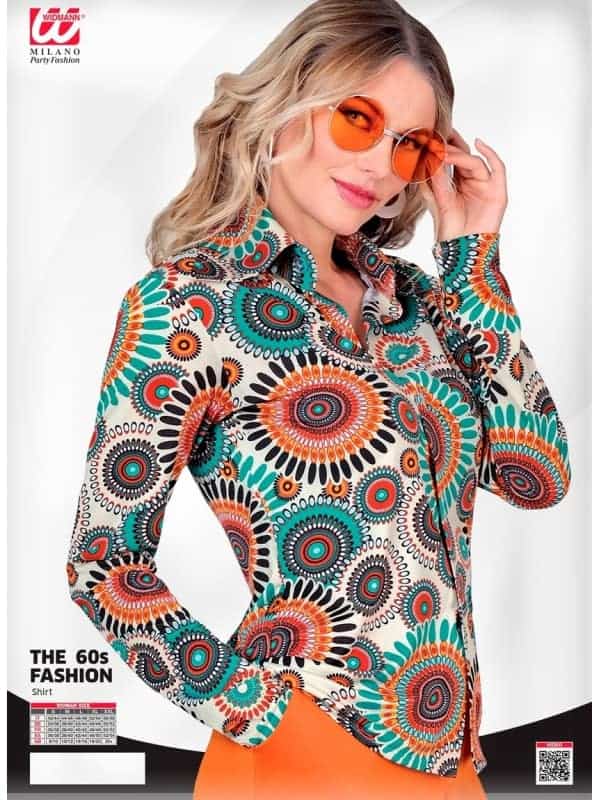 Chemise, Crème avec Motifs Multicolores, Années 60/Hippie