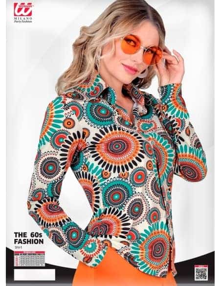 Chemise, Crème avec Motifs Multicolores, Années 60/Hippie