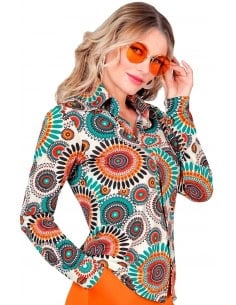 Chemise, Crème avec Motifs Multicolores, Années 60/Hippie