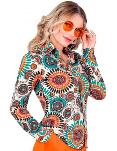 Chemise, Crème avec Motifs Multicolores, Années 60/Hippie