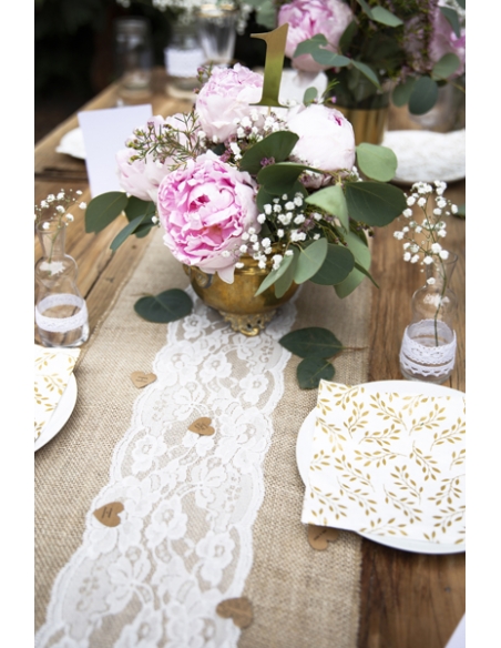 Chemin de Table Jute et Dentelle : Élégance Rustique Chic - 0,28x2,75m