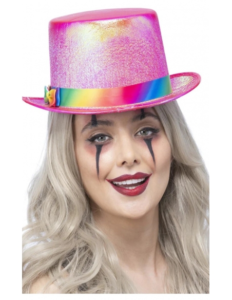 Chapeau Haut-de-Forme Holographique Rose pour Festivités