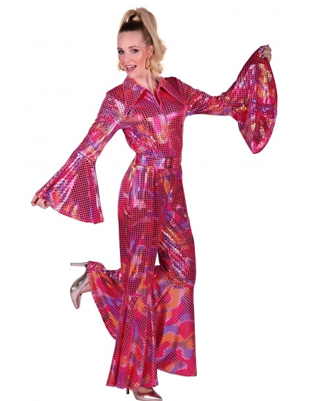 Combinaison Pantalon Femme Style Disco en Rose Holographique du XS au XXL