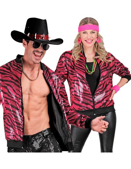 Veste Bomber à Paillettes Rose, Zébré - Unisexe - Disco, Nouvel An