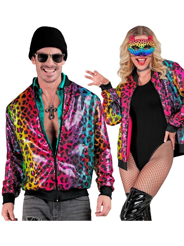 Veste Bomber à Paillettes Animalier Léopard Arc-en-ciel, Adultes - Disco, Nouvel An