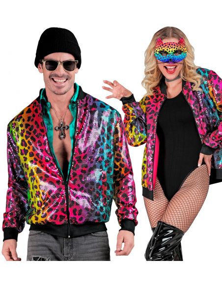 Veste Bomber à Paillettes Animalier Léopard Arc-en-ciel, Adultes - Disco, Nouvel An