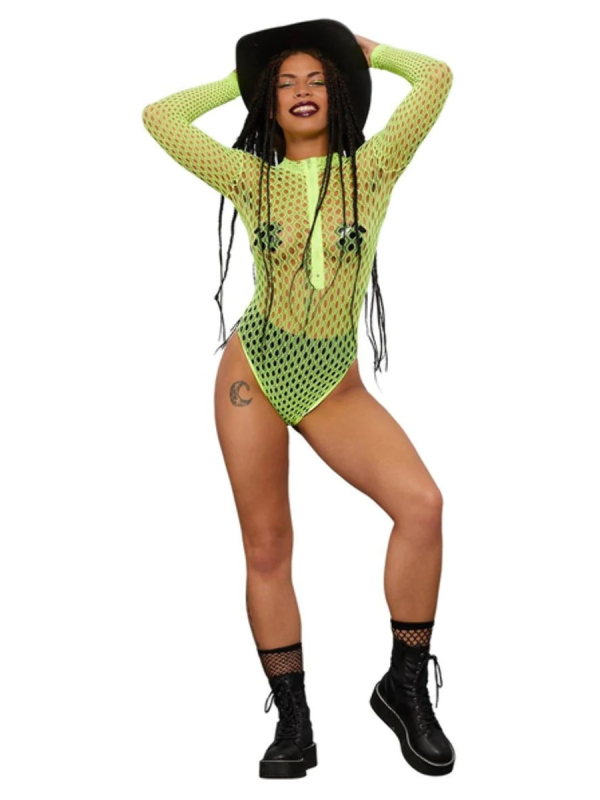 Bodystocking zippé à manches longues Fever, Jaune fluo