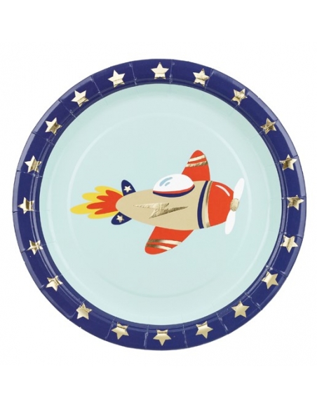 Assiettes d'anniversaire motif Avion, 18x18 cm