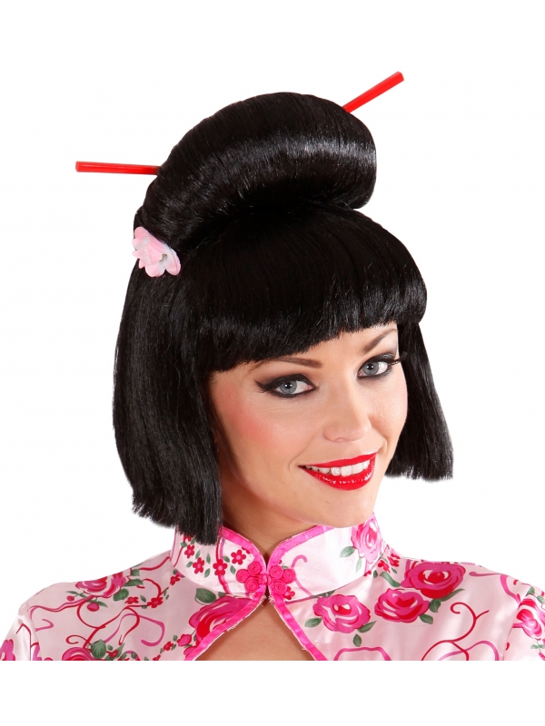 Perruque de Geisha avec Fleurs et Baguettes - Votre Touche d'Élégance Orientale