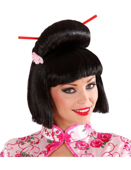 Perruque de Geisha avec Fleurs et Baguettes - Votre Touche d'Élégance Orientale
