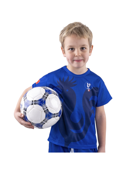 T-shirt supporter France enfant – Bleu avec coq (polyester) | Tailles 116 à 164